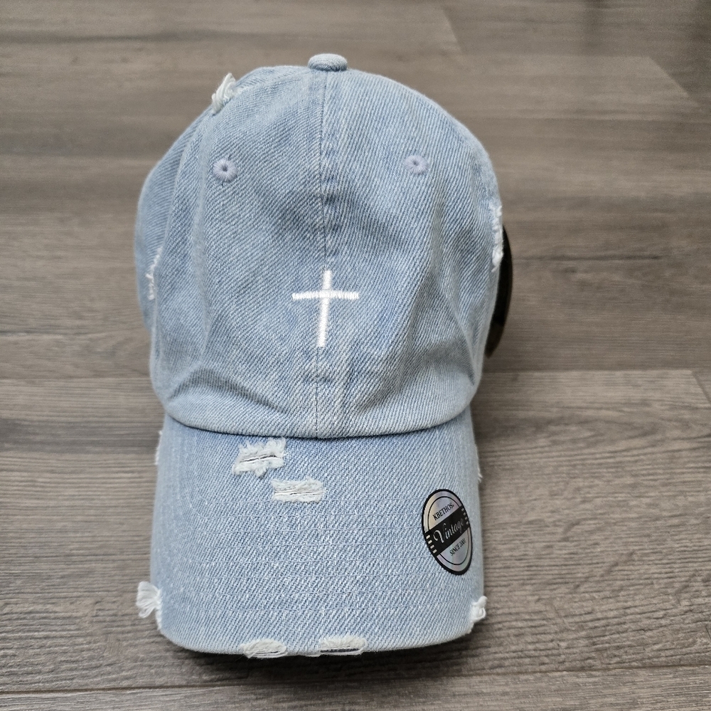 KBETHOS Vintage Denim Embroidered Cross Trucker Hat Adjustable NWT